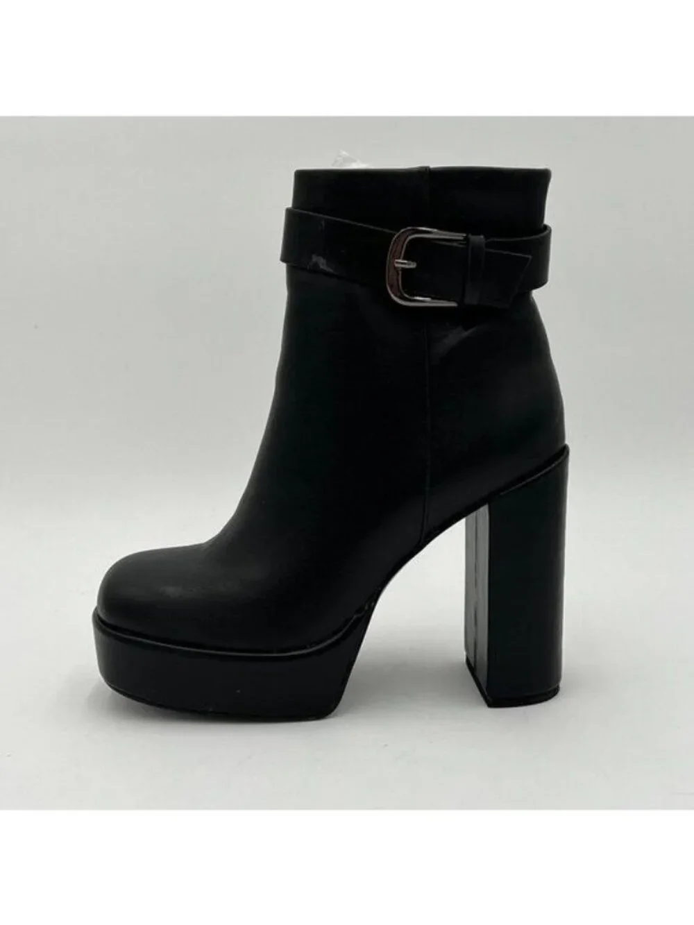 Black Platform Round Toe Chunky High Heel Zipper Ankle Boot Dress Shoes
